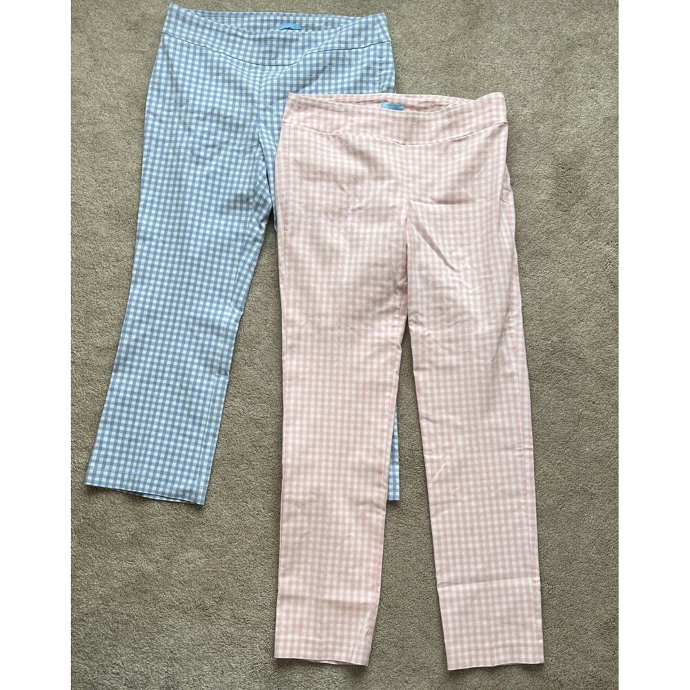 J McLaughlin Gingham Pants LOT of 2 Womens 12 Masie Pink White Catalina Cloth
